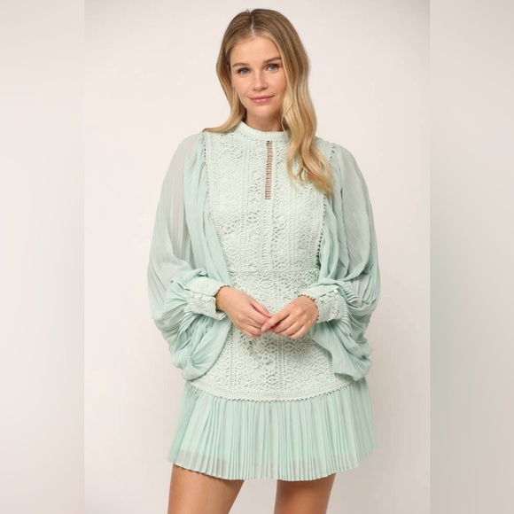 Pleated Volume Sleeve Lace Mini Dress|Statement Long Sleeve Party Dress|S–M - Picture 4 of 12